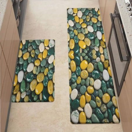 

Anti Fatigue Kitchen Mat Green Colored Pebbles Sets of 2 Kitchen Rugs Non Slip Cushioned Standing Mat for Sink Floor Laundry Office Desk Mid 17.3 x 29 + Pro 17.3 x 59