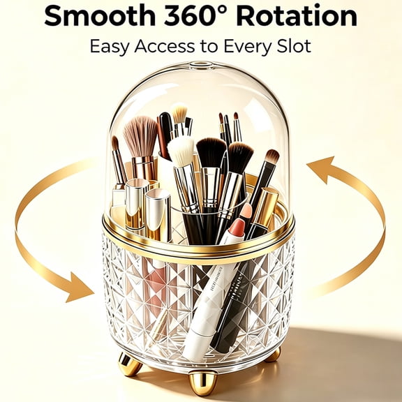 Extra Large 360° Rotating Makeup Brush Organizer with Dome Dustproof Lid, Diamond Embossed Clear Cosmetic Storage for Brushes Lipsticks Eyebrow Pencils, Gold Footed Vanity Countertop Holder