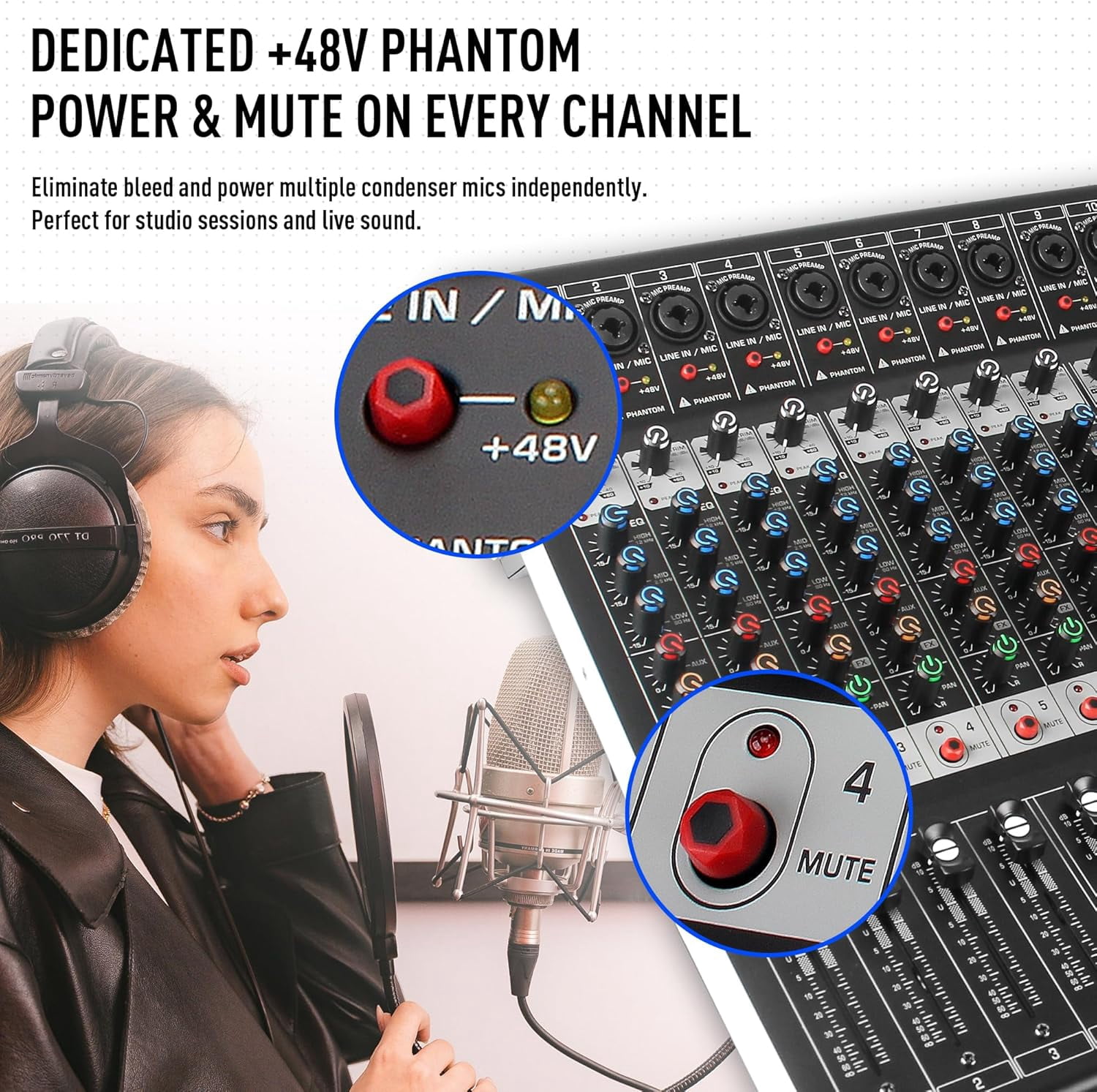 FULODE 16-Channel Audio Mixer with 99 DSP, Professional Audio Console Digital Sound Music Mixing Board DJ Mixer w/USB Input Bluetooth MP3 48V Power Supply Mute Function for Studio Live Performance