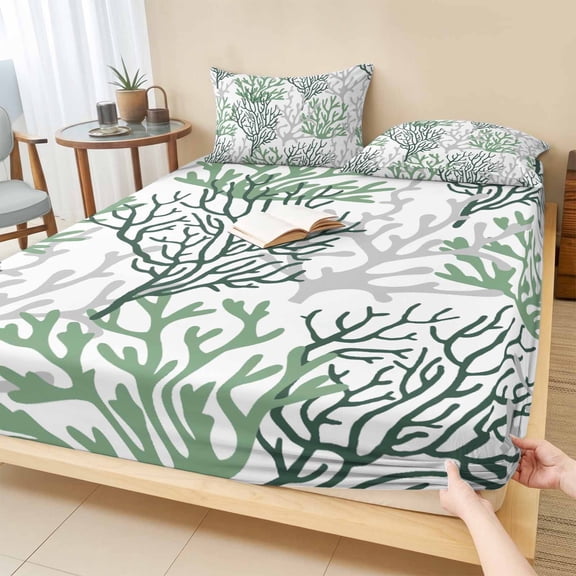 Twin Sze Fitted Sheet Set - Sage Green Gray Coral Coastal 2 Piece Bedding Sets 16" Deep Pocket Fitted Sheet with 1 Pillowcase, Summer Beach Seaside Nautical Brushed Microfiber Hotel Luxury Bed Sheets