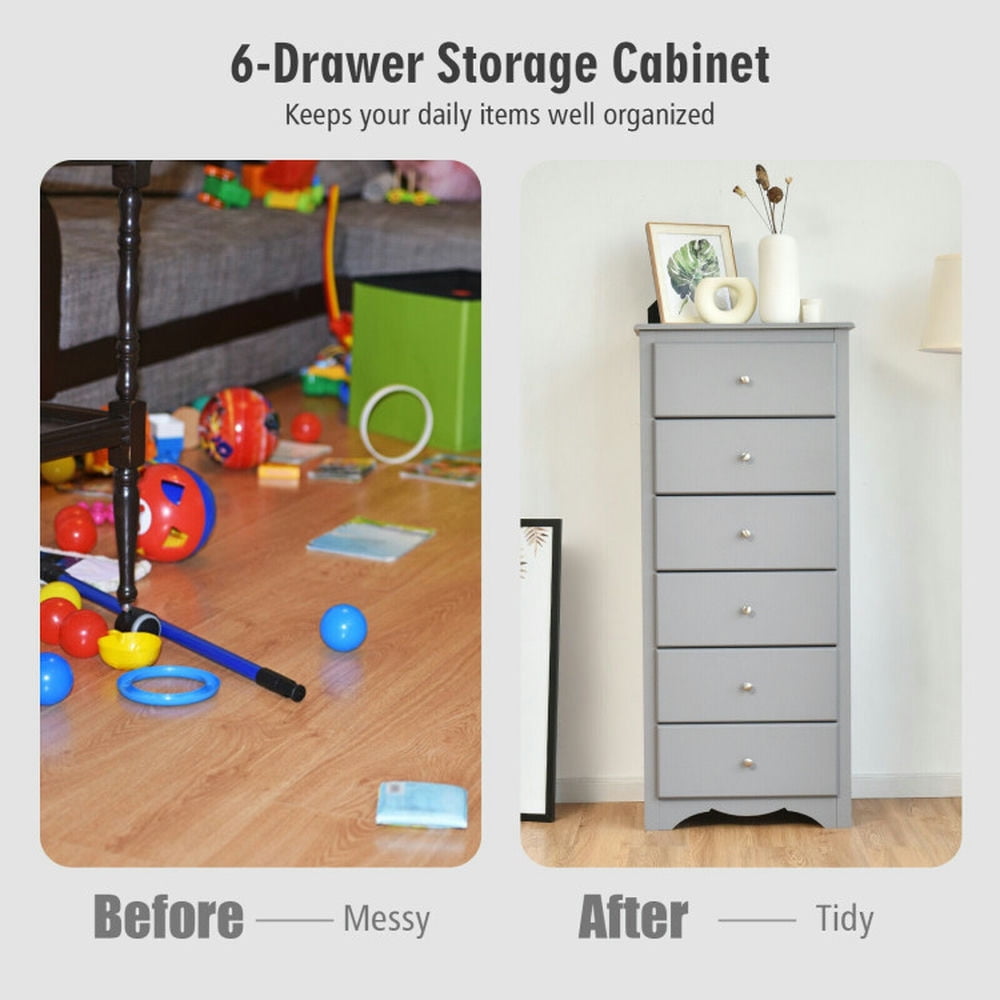 Finihen Storage Cabinet, Bathroom Floor Cabinet, 6 Drawers Chest Dresser Clothes Storage Bedroom Furniture Cabinet, for Bathroom, Living Room, Bedroom, Gray