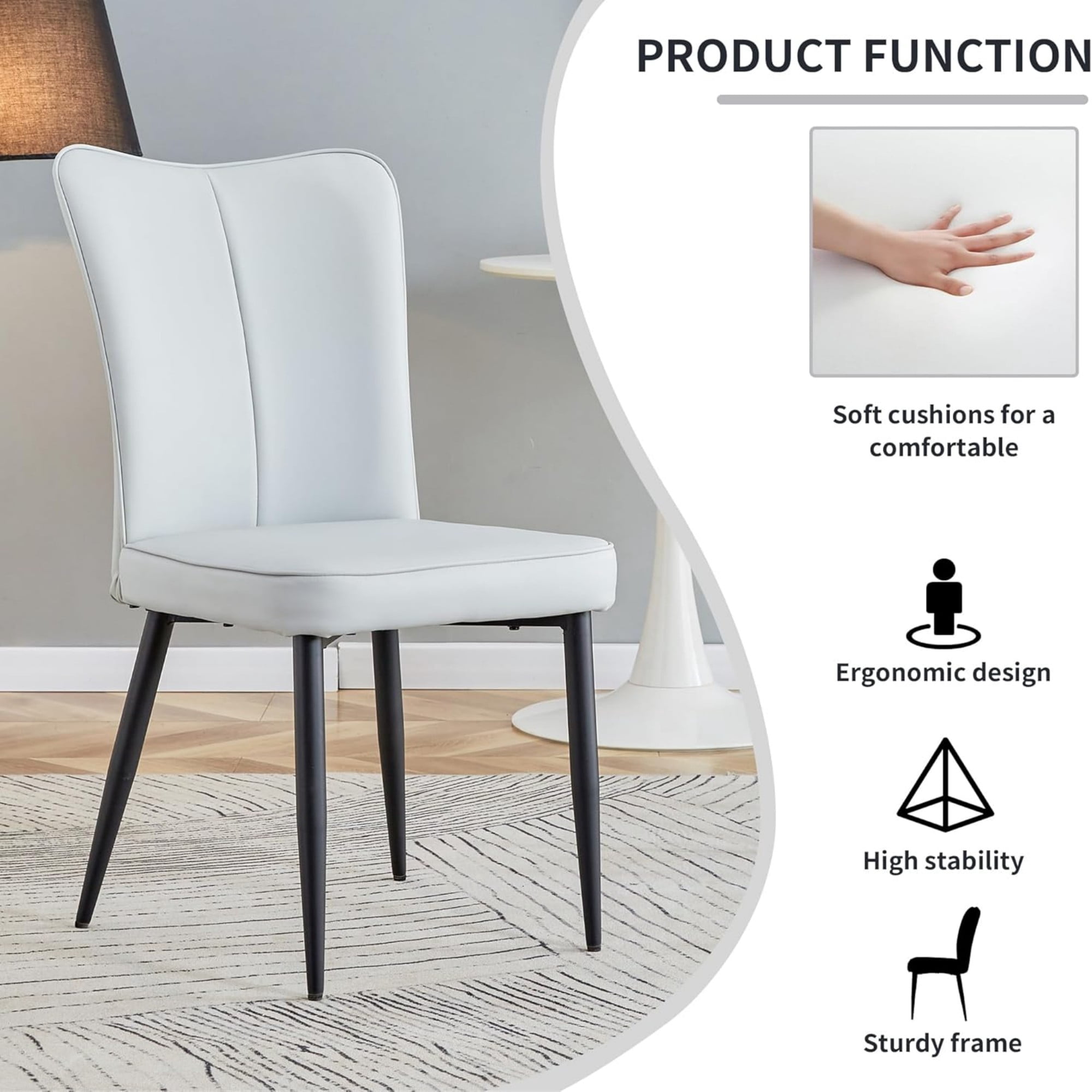 SUDICA Dining Chairs Set of 4, Modern Gray PU Leather Upholstered High Back Kitchen Chairs with Black Metal Legs for Dining Room