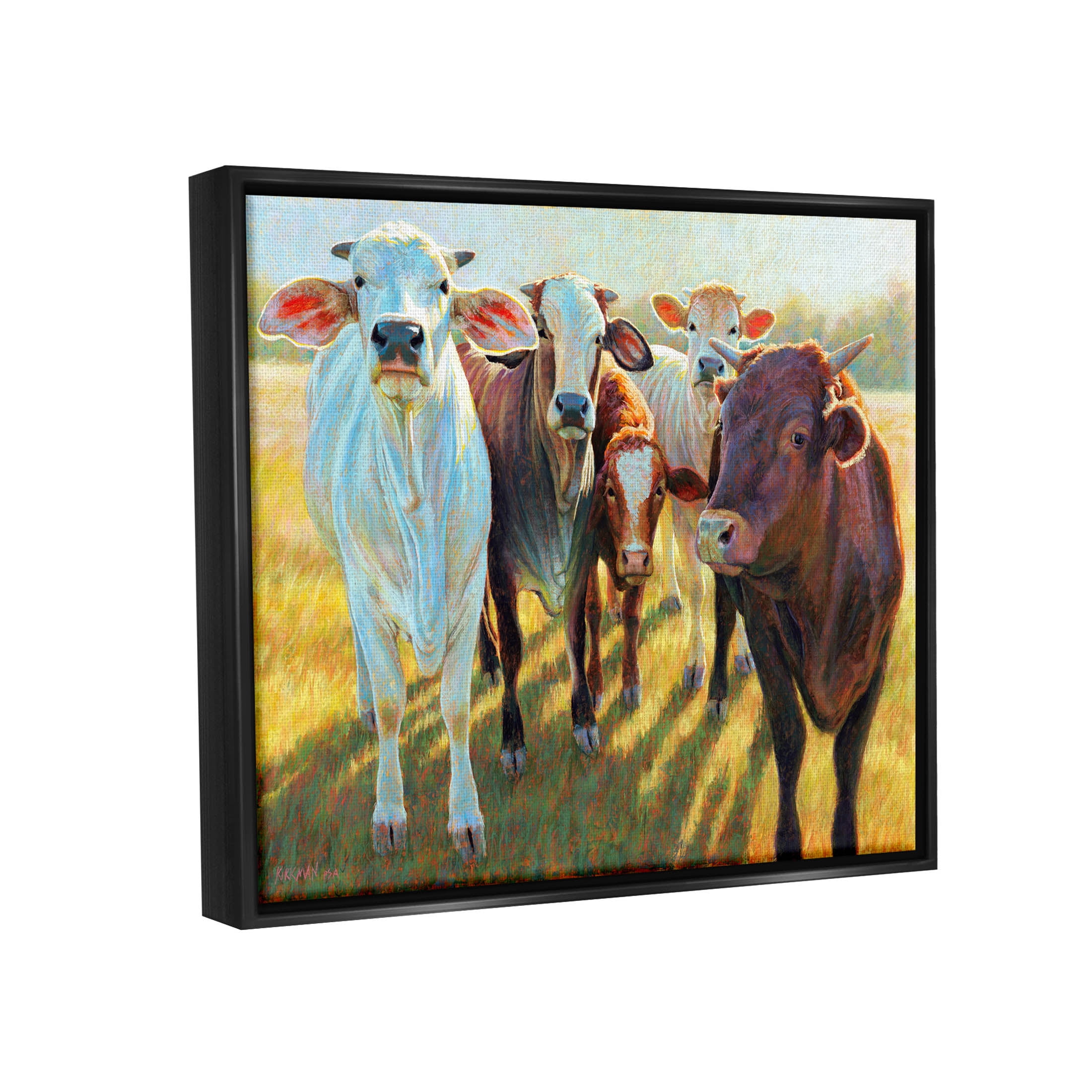 Various Cattle Sunny Farmland Field Animals & Insects Painting Jet Black Framed Art Print Wall Art