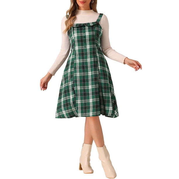 VESTIDO CON TIRANTES INSPIRADO EN CHIC para Mujeres, Cuello Cuadrado, Vestido Midi A-Line, Talla M Verde Oscuro