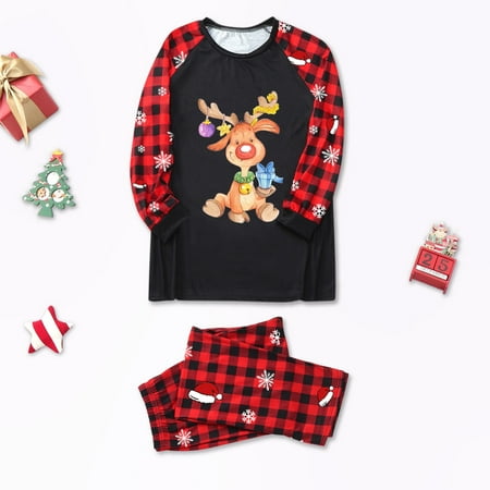 

Mon Sleepwear For Christmas Family Matching Pajamas Cute Big Headed Deer Print Pjs Plaid Long Sleeve Tops And Pants Soft Casusal Holiday Sleepwear