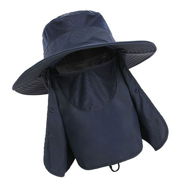 Sombrero para el sol Gorra con protección UV Ala ancha Nylon Transpirable Secado rápido UPF 50+ Sombrero de pesca con cubierta extraíble para solapa en el cuello y la cara Azul oscuro