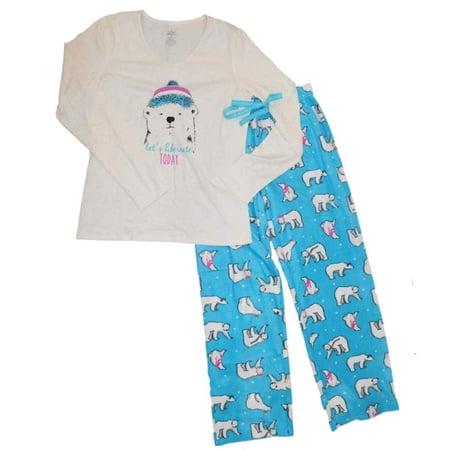 Womens White Hipster Polar Bear Wearing Hat Pajama Lets Hibernate Sleep Set