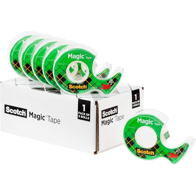 Cinta adhesiva Scotch Magic Tape invisible, material de oficina para el hogar y material escolar para la universidad y las aulas, 6 rollos con 6 dispensadores