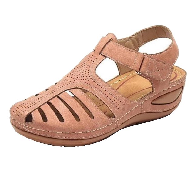 Sandalias estilo romano con tacón de cuña de una palabra hueca Baotou para mujerPink40