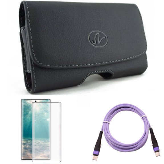 Screen Protector & Purple 6ft PD Cable & Case Belt Clip for Samsung Galaxy Note 20 (6.7") - Combo with Tempered Glass (Fingerprint Unlock) & Type-C to USB-C Long Charger Cord & Leather Swivel