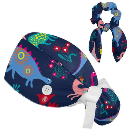 

Working Cap with Buttons and Sweatband Scrub Hat Bouffant Caps with Scrunchie Dinosaur Tie Back Hats