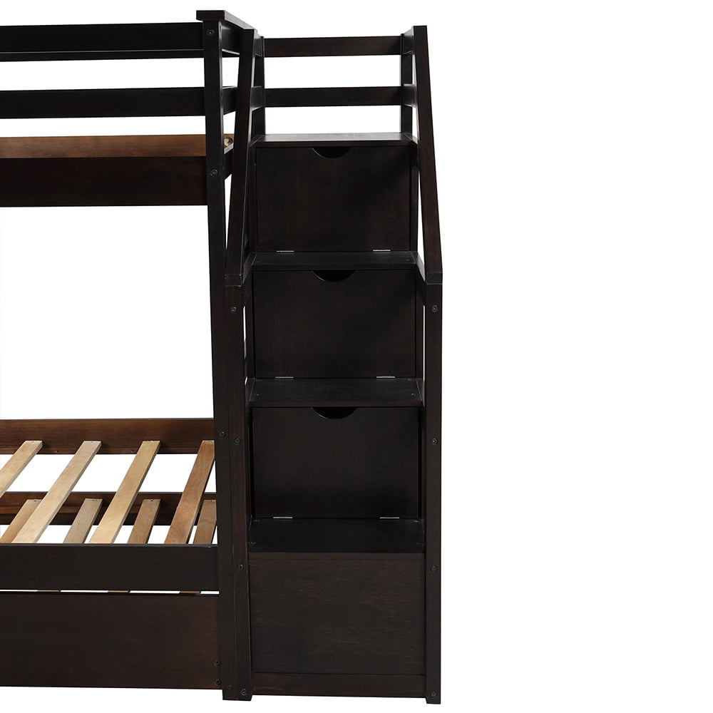 94.4" Twin Bunk Bedd with Trundle and 3 Storage Stairs-Espresso