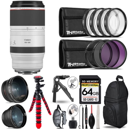Canon RF 100-500mm f/4.5-7.1 L IS USM Lens - 3 Lens Kit + Tripod + Backpack - 64GB Accessory Bundle