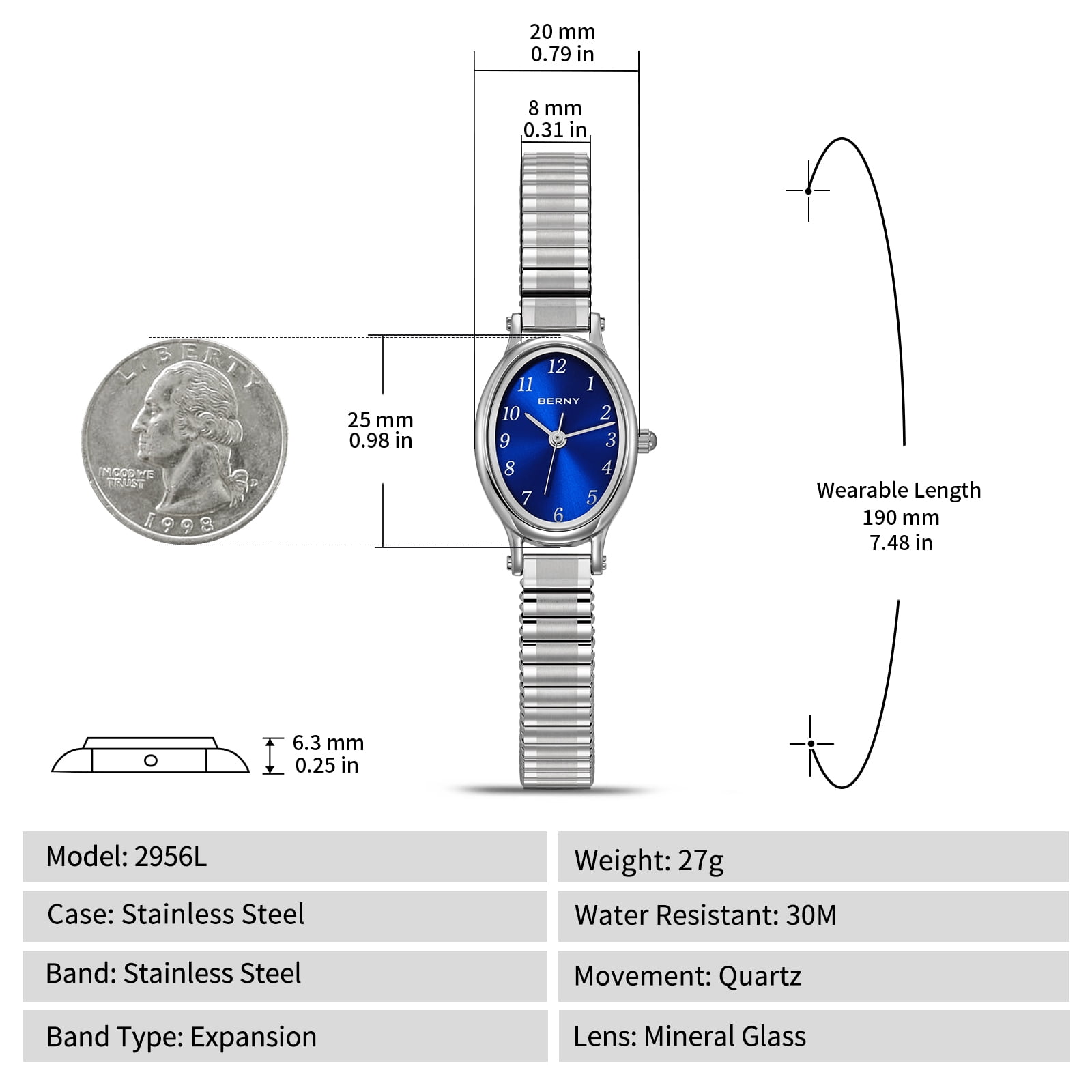 BERNY Small Silver Watches for Women, Dainty Luxury Oval Dial, Expansion Band Watch, Fashion Ladies Analog Quartz Watch, Waterproof Women Wristwatch Gifts, Blue