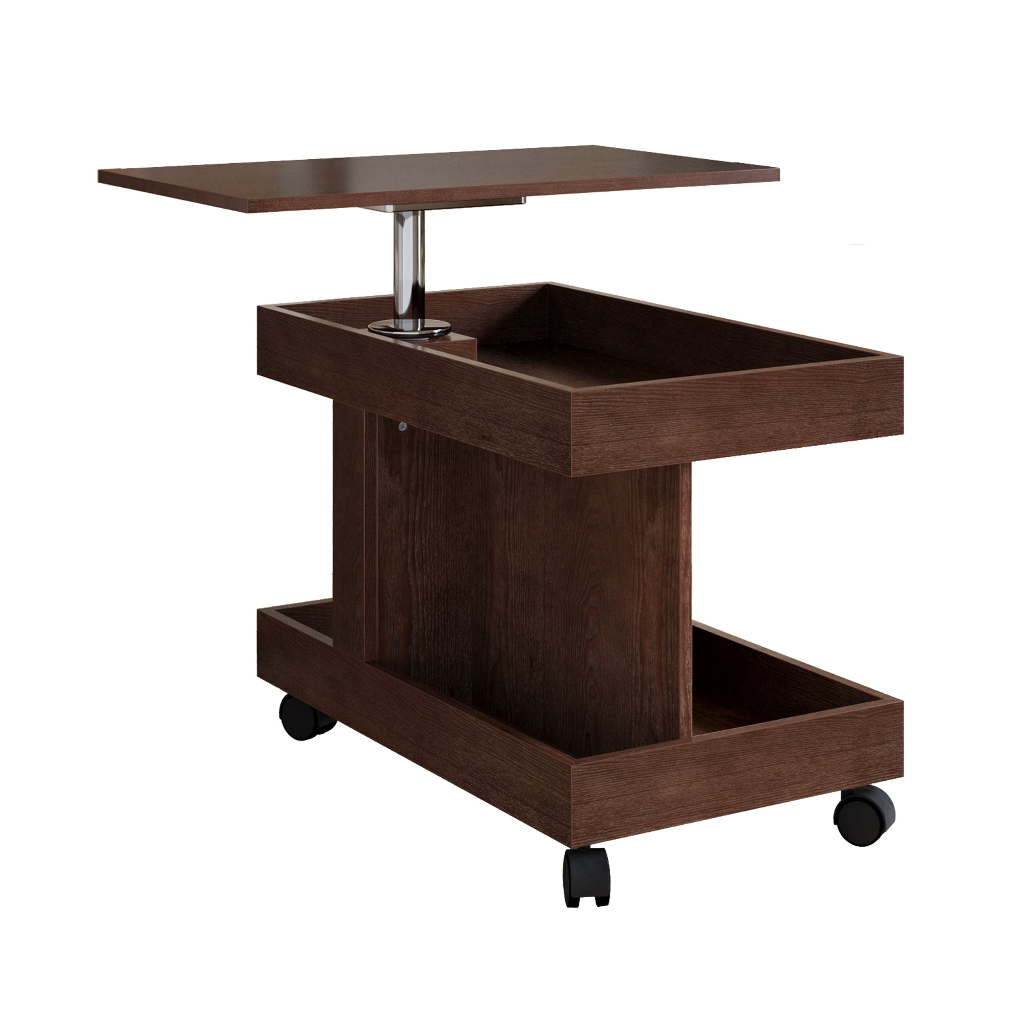 Small Coffee Table with Wheels and 360° Rotating Desktop, Rolling Side Table and Mobile End Table with Storage for Living Room Bedroom, Walnut Brown