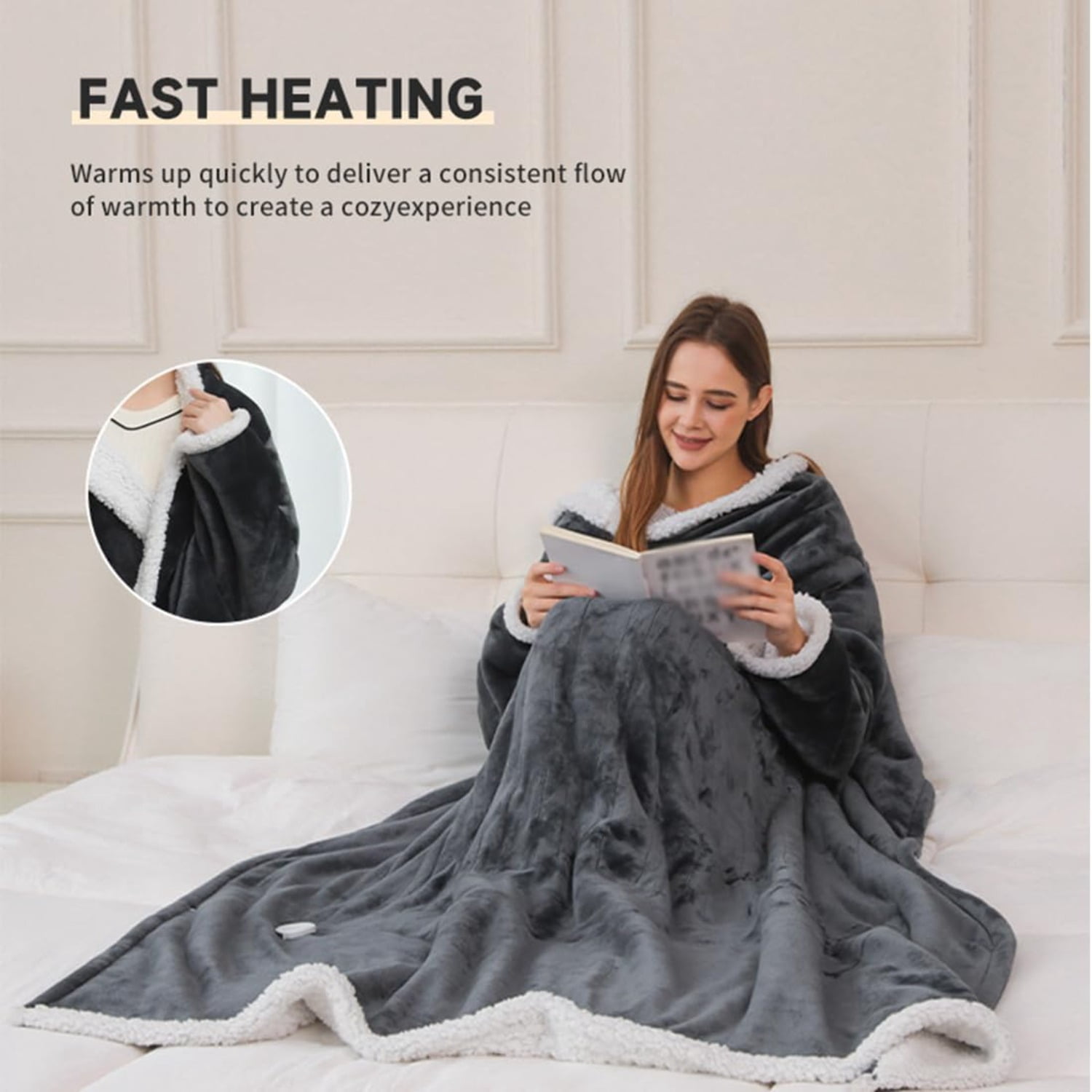 Wearable Heated Blanket with Foot Pocket, 52"x72" Electric Blanket with Sleeves – Flannel and Sherpa Wearable Blanket with 12 Hours Timer, 6 Heat Settings