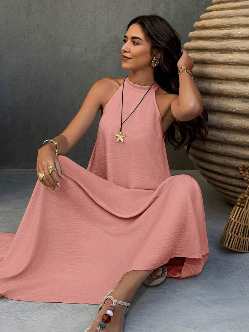 Pink Sleeveless Linen Halter A-Line Maxi Dress, Casual Vacation Elegant Plus Size