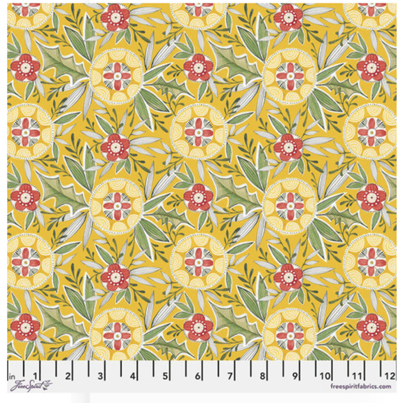 Free Spirit Cori Dantini Love Santa Fancy Florals Yellow Cotton Fabric By The Yard