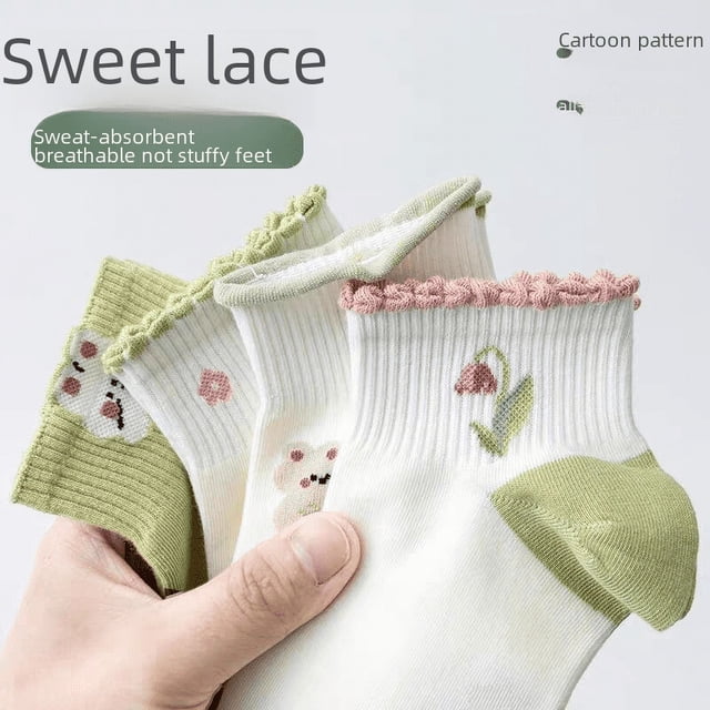 Calcetines de primavera y verano para mujer, calcetines cortos finos de verano, calcetines náuticos transpirables Mori que combinan con todo, calcetines cortos de encaje de tulipán