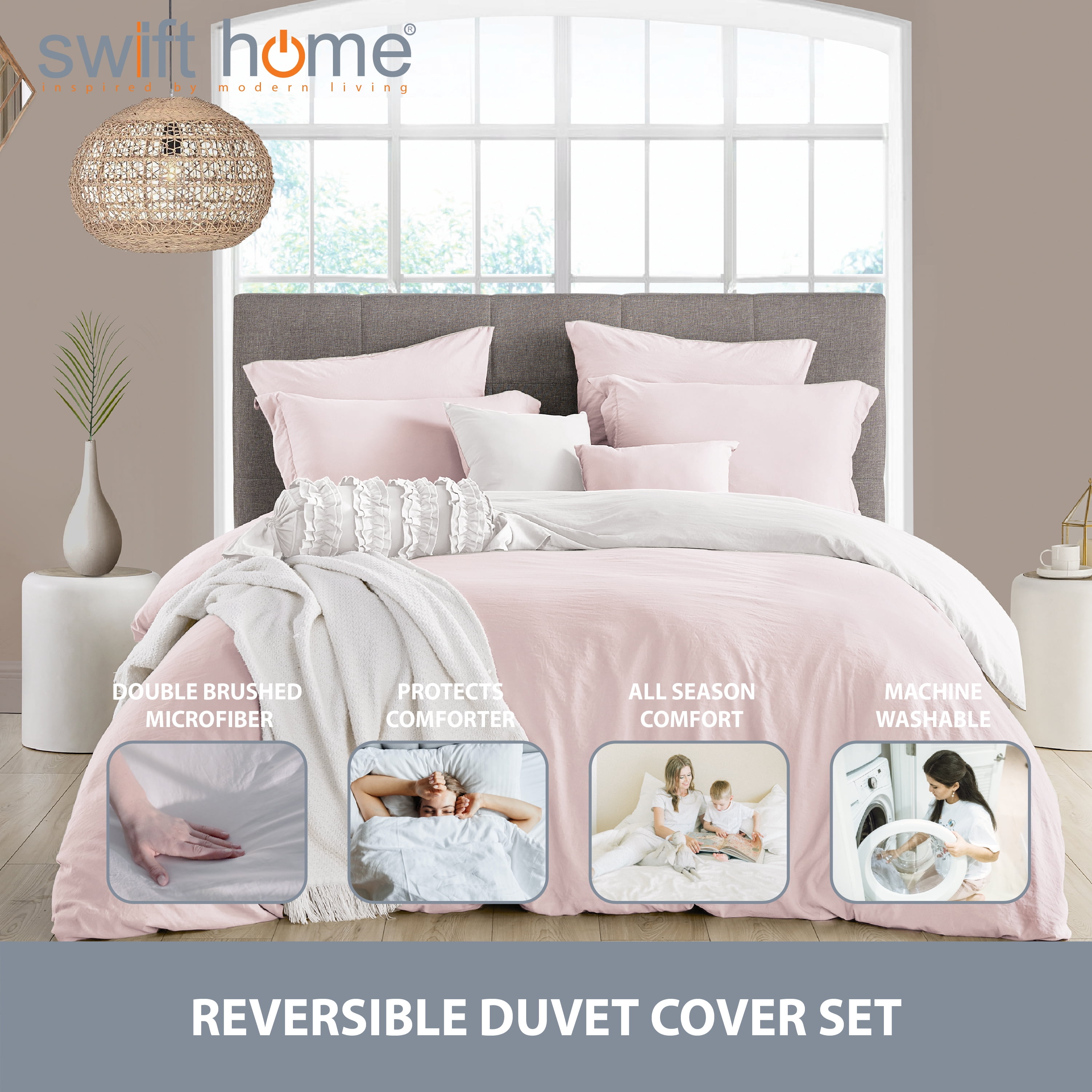 2PC Pink/White Twin/Twin XL (68" x 90") 2 in 1 Reversible Duvet Cover & Sham Set (Comforter not Included)