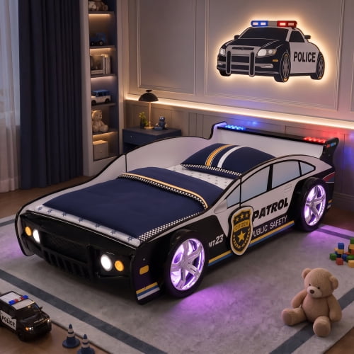 Supreme Energy Twin Size Kids Racing Car Bed with LED Wheel Lights and Headlight Accents, Floor Bed Frame with Full-Length Guardrail and Wood Slats