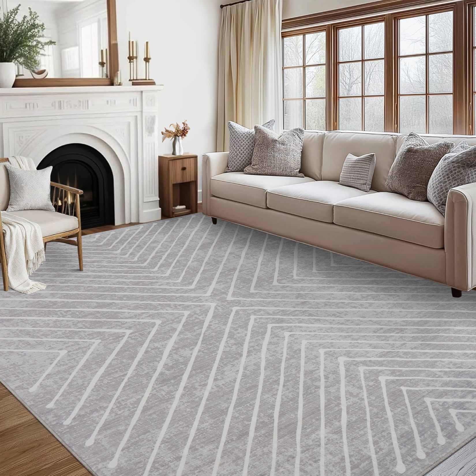 HIWEAVER Modern Geometric Striped Pet Friendly Area Rug for Living Room Washable 5' x 7' Neutral Indoor Decor Carpet, Light Gray