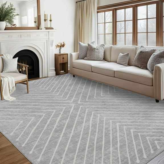 HIWEAVER Large Washable Rug 9' x 12' Area Rug for Living Room Modern Geometric Striped Non Slip Neutral Indoor Decor Carpet, Light Gray