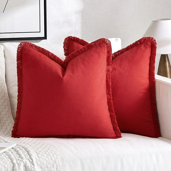 0829 Throw Pillow Covers Boho Farmhouse 24x24 Set of 2 Decorative Christmas Red Eruo Sham Couch with Fringe Chic Cotton Pillowcases Home Decor Accents for Cushion Soft Bed Living Room