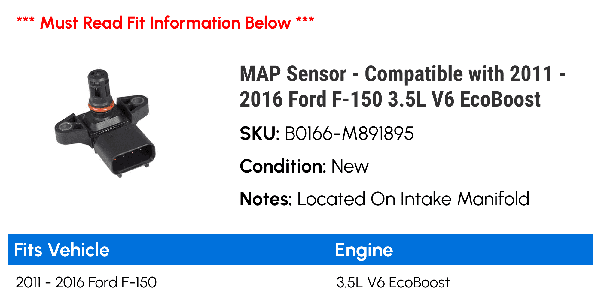 MAP Sensor - Compatible with 2011 - 2016 Ford F-150 3.5L V6 EcoBoost 2012 2013 2014 2015