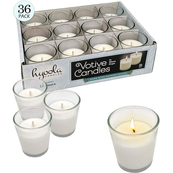 Hyoola Bulk Unscented 12 Hour White Votive Candles in Clear Glass Cups, Paraffin Wax with Cotton Wicks, 36-Pack