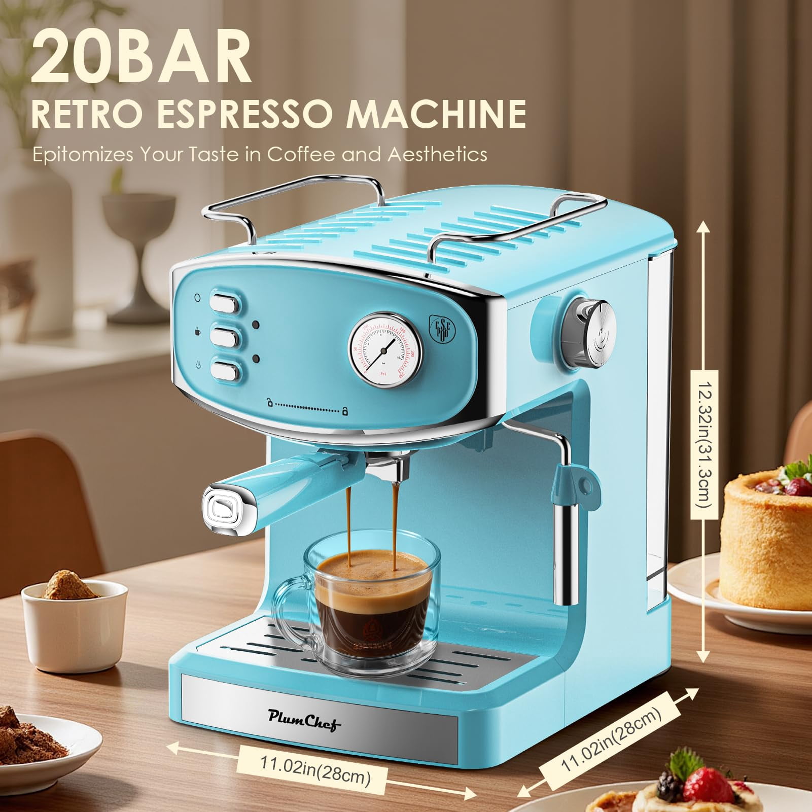 20 Bar Retro-Style Espresso Machine with Milk Frother, ESE Pod Compatible, Pressure Gauge, 54 oz Food-Grade PP Removable Water Tank, Ideal for Home Barista,Sky Blue