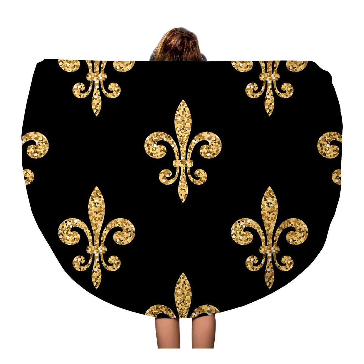 SIDONKU 60 inch Round Beach Towel Blanket Abstract Golden Fleur De Lis