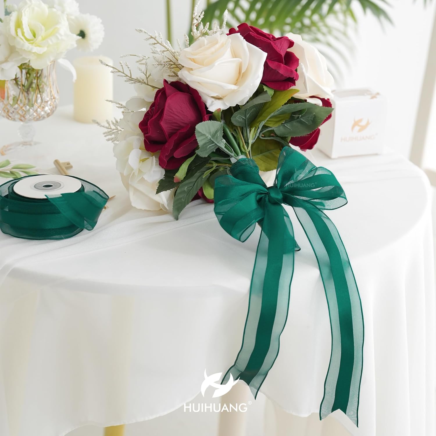 Green Sheer Christmas Ribbon 2.5 inch Hunter Green Wired Organza Ribbon with Satin Stripe, for X-mas Tree, Bows Making, Wreaths, Gift Wrapping, Wedding Home Decor-Continous 10 Yards