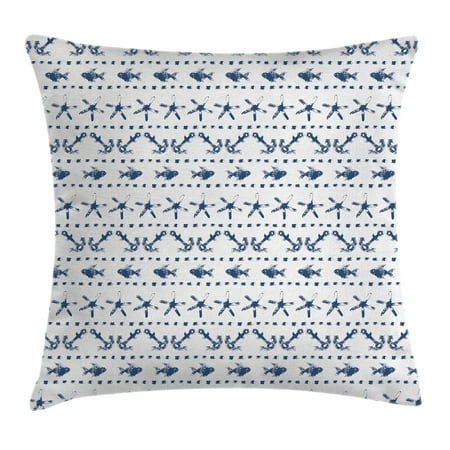 Nautical Accent - Navy Blue Decor Throw Pillow Cushion Cover, Navy Yatch Themed Design with Fish Starfish and Anchor Nautical Print, Decorative Square Accent Pillow Case, 18 X 18 Inches, Navy and White, by Ambesonne