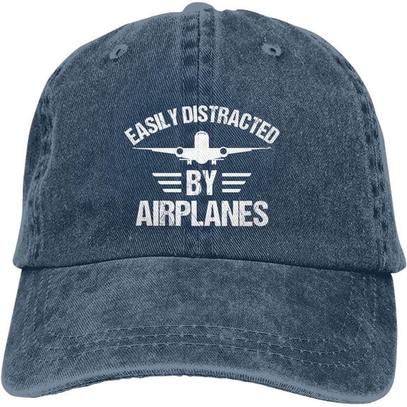 Easily Distracted by Airplanes Funny Hat Adjustable Denim Baseball Cap Black Dad Hat Men Women