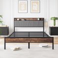 thumbnail image 3 of Tcbosik Metal Bed Frame Queen Size with Charging Station, Platform Bed with Upholstered Headboard, Noise-Free, No Box Spring Needed, Black & Brown, 3 of 8