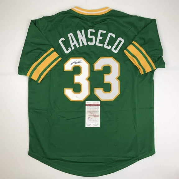 Autographed/Signed Jose Canseco Oakland Green Baseball Jersey JSA COA