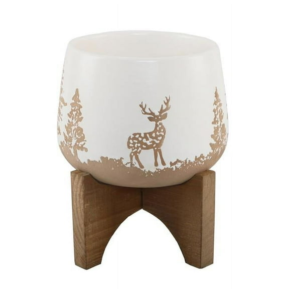 Flora Bunda CT880E-WH 6.75 Ceramic XMAS Planter on wood Stand,White