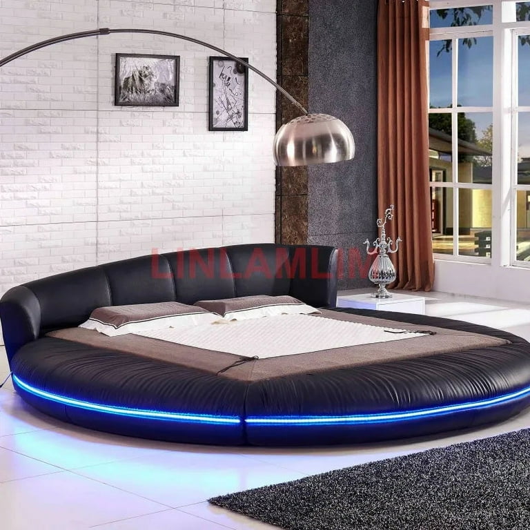 Linlamlim LED light round BED frame camas genuine leather bed Walmart
