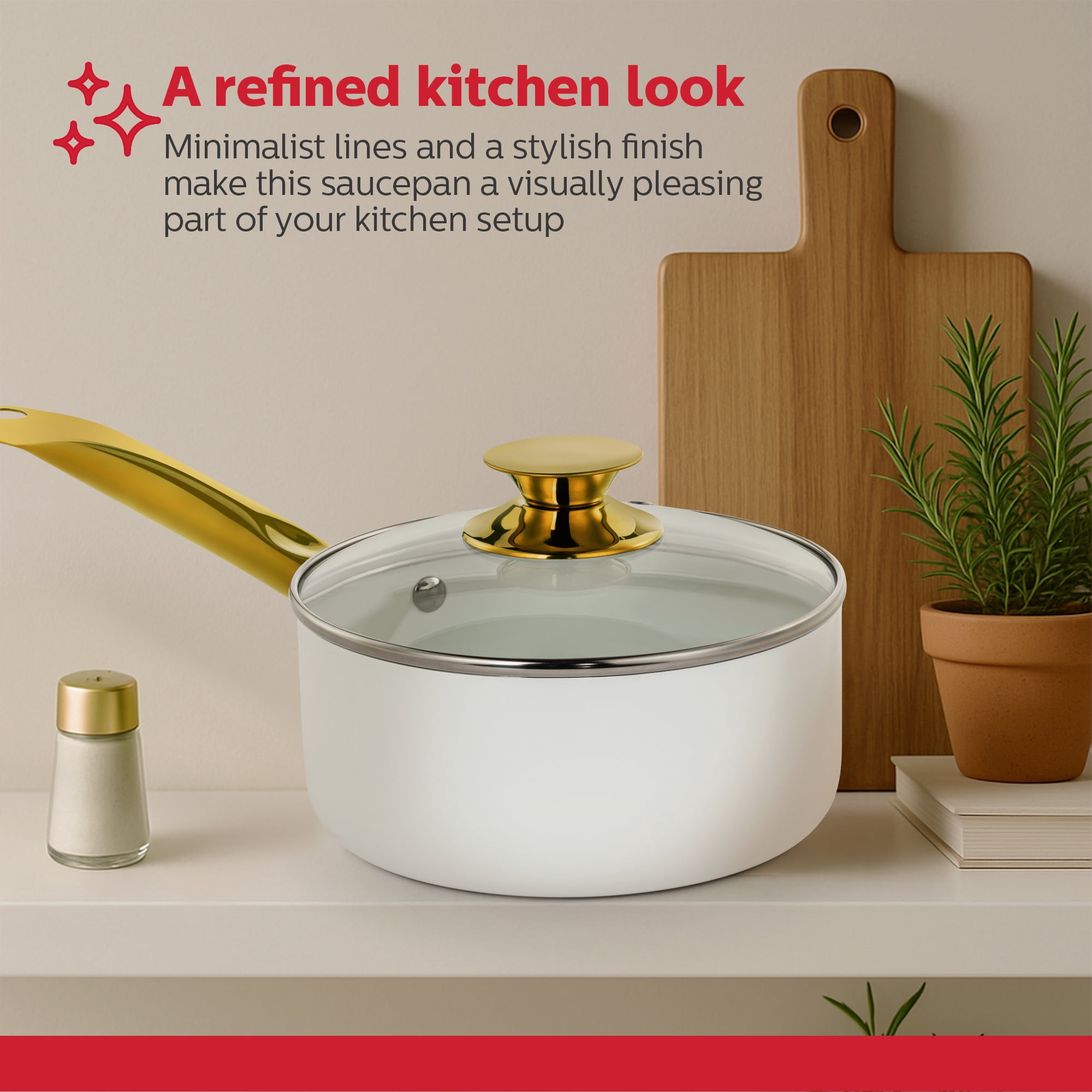 Holstein Housewares 2.5 Qt Nonstick Ceramic Saucepan with Gold Stainless Steel Handle, White and Gold