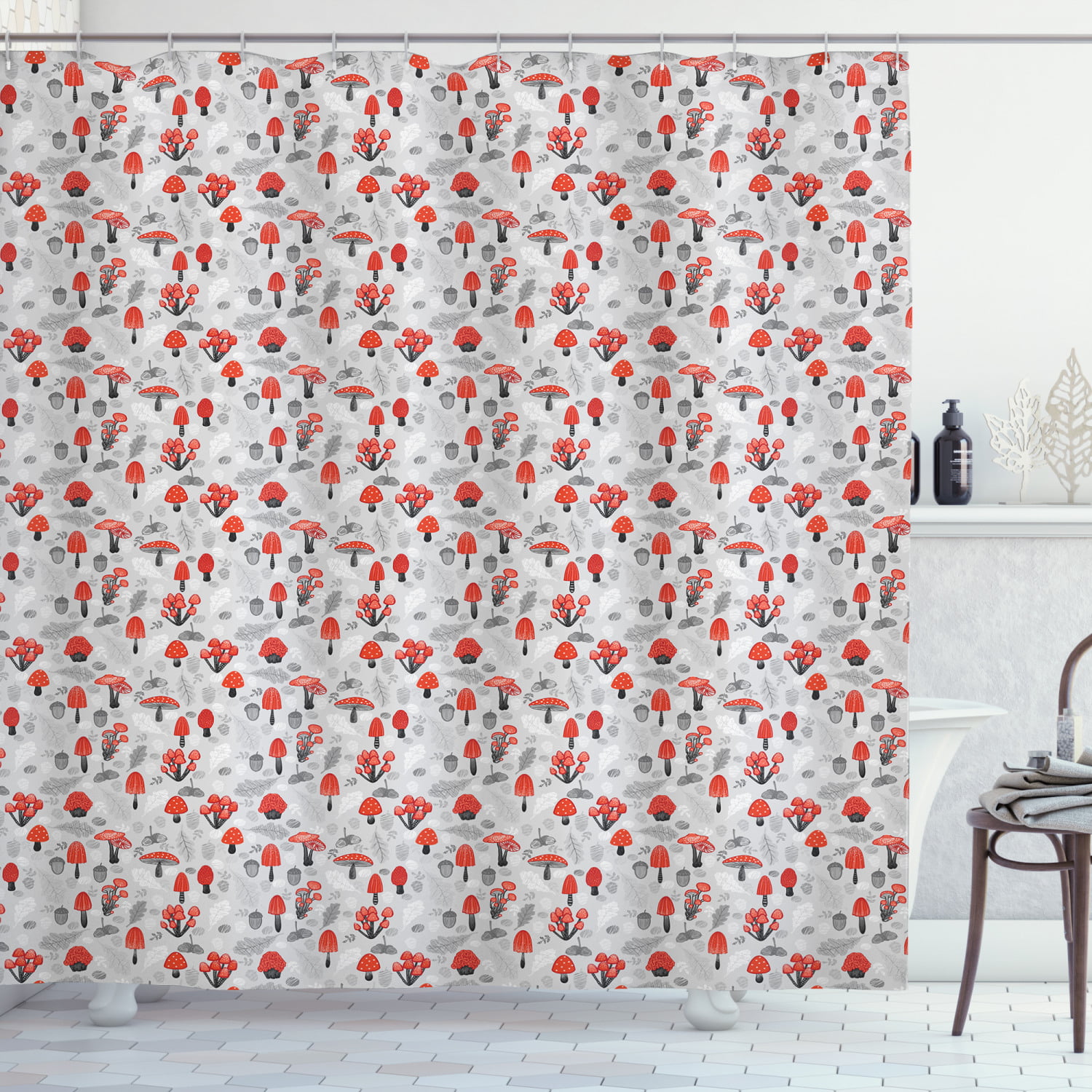 Woodland Mushroom Pattern Shower Curtain Fabric Decor Set with Hooks 4 Sizes 