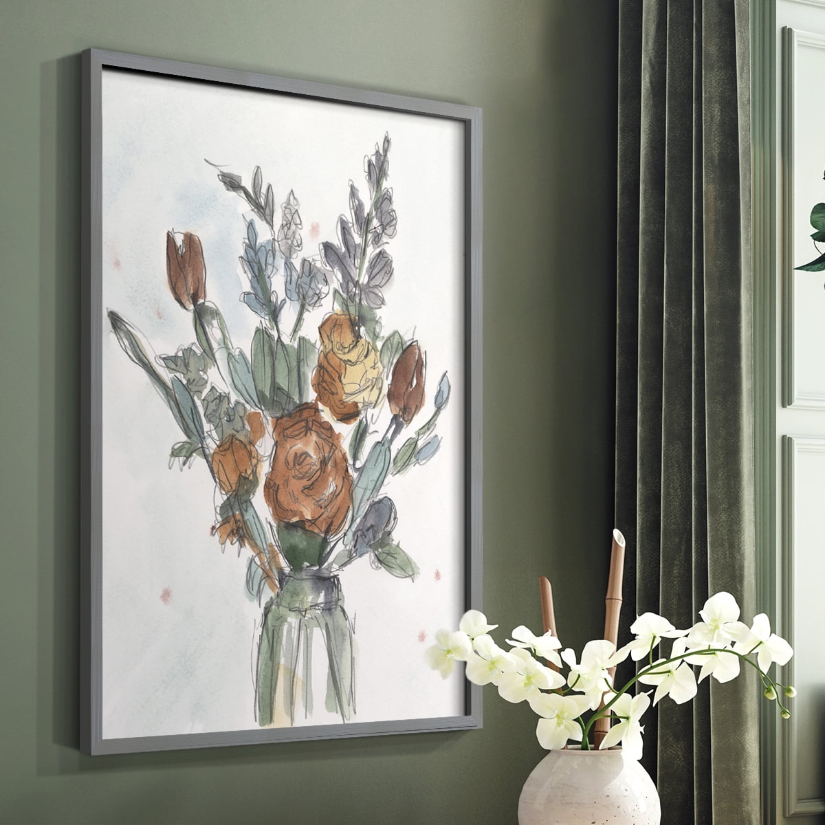 Watercolor Floral Arrangement II Framed Print in Gray Solid Wood 8 x 10 Framed Print