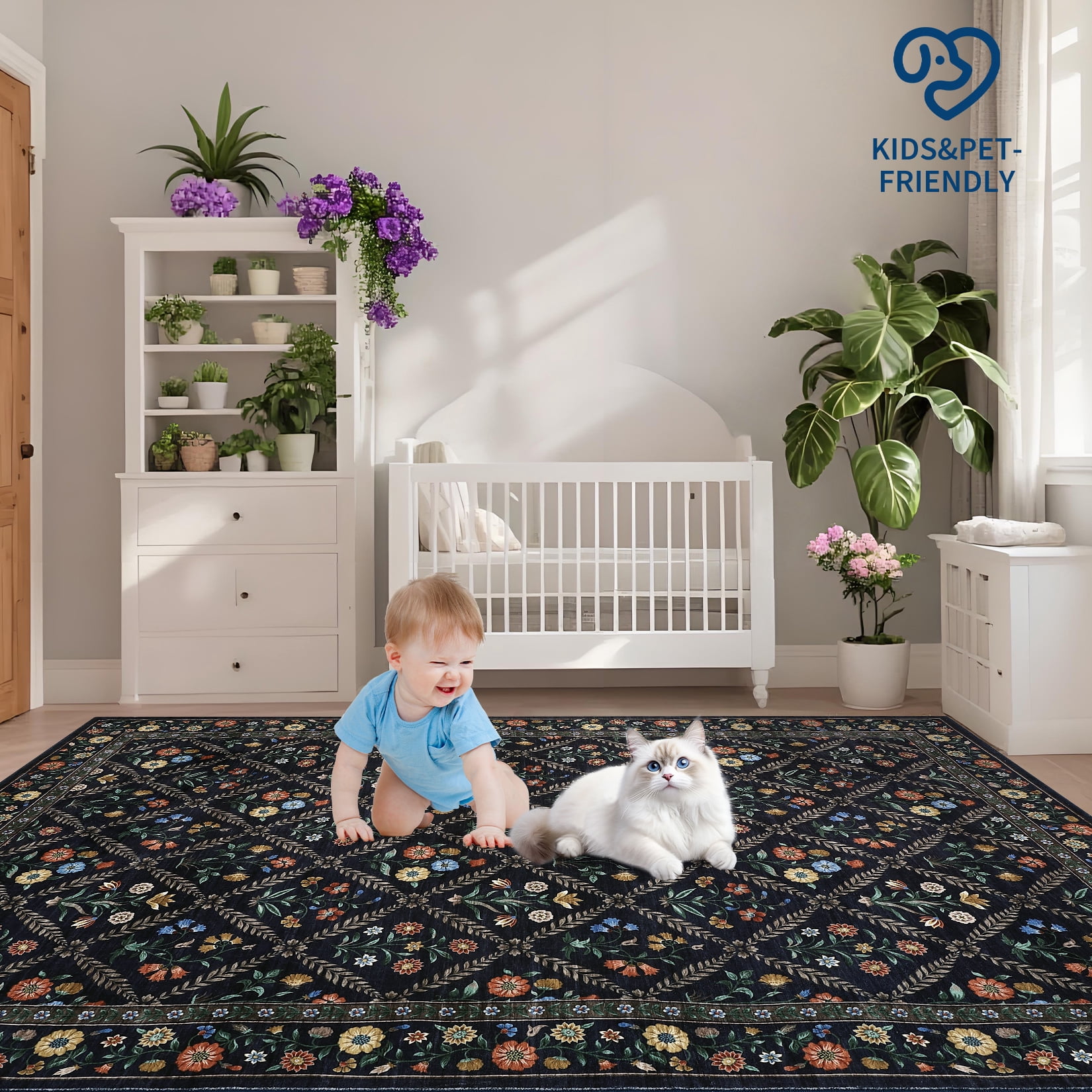 Senfot 8x10 Floral Print Area Rug Machine Washable Non-Slip Stain Resistant Low Pile Bordered Farmhouse Rug for Living Room Bedroom Home Office Blue
