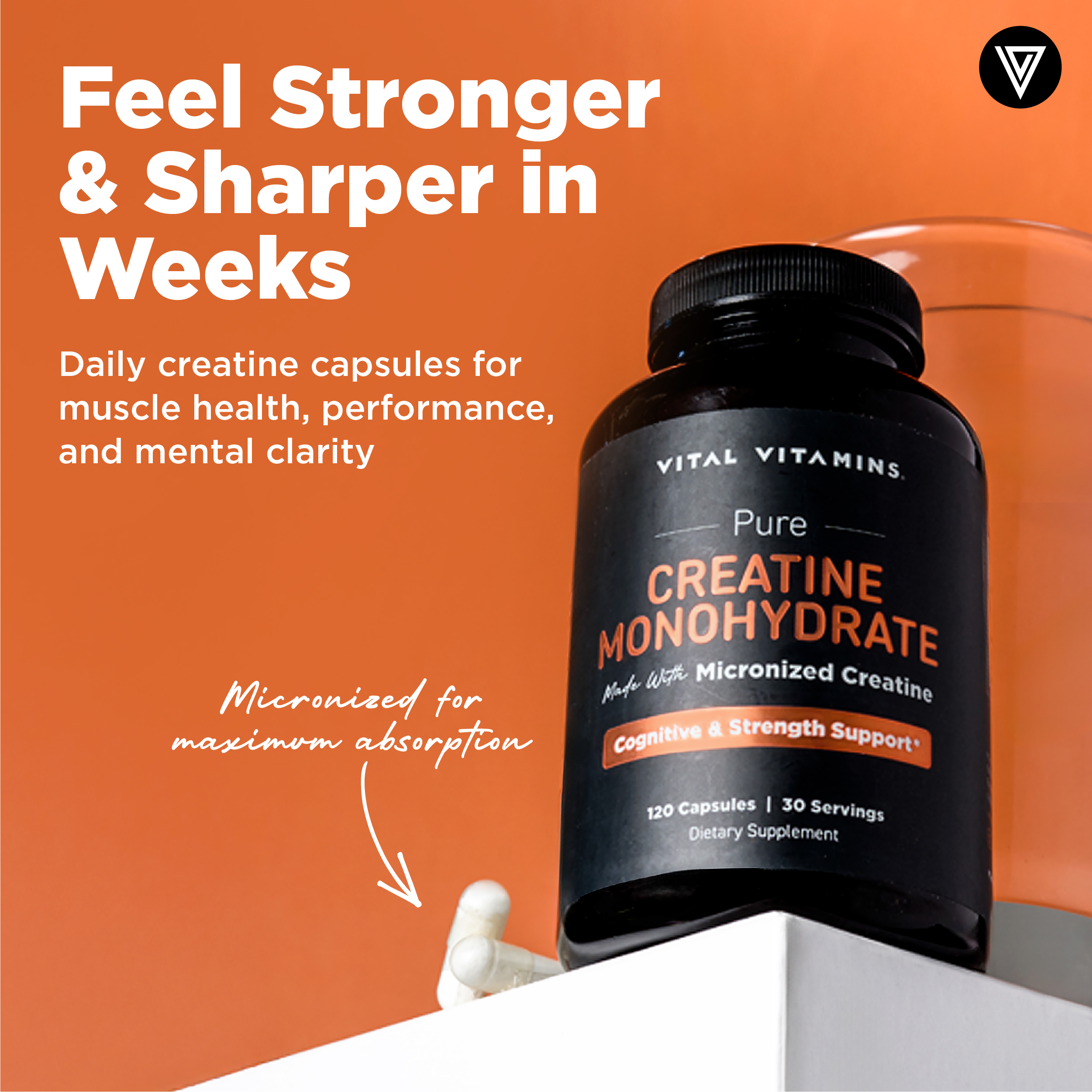 Vital Vitamins Creatine Monohydrate Capsules – Muscle Strength, Recovery & Cognitive Support for Men & Women – 120 Vegan Pills