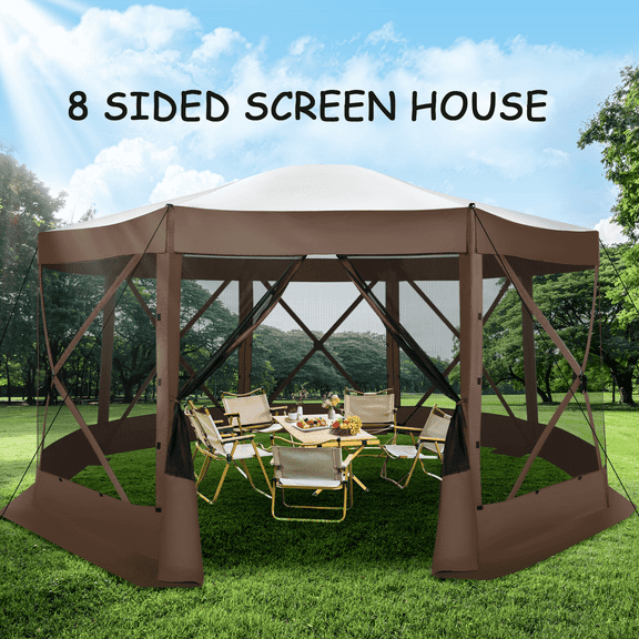 COBIZI 15x15 Extra Large Pop-Up Gazebo Canopy Tent with Mosquito Netting, 8-Sided EZ Set-Up Screened Shelter, Durable Outdoor Pavilion with Ground Stakes, Perfect for Patio, Backyard, and Lawn,Brown