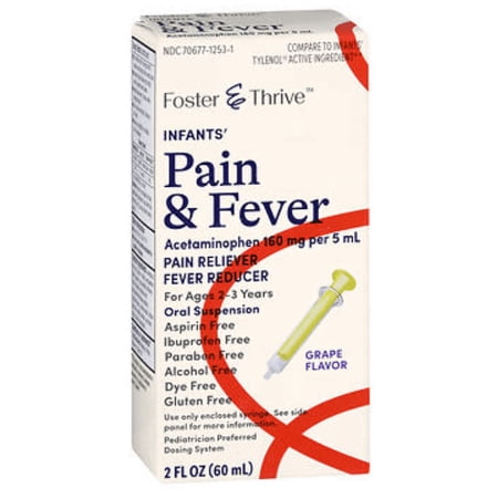 Infants Acetaminophen for Fever or Pain Relief Suspension 160 mg/5 ml Grape Flavor Dye-Free Gluten-Free Foster & Thrive 2 Oz Liquid