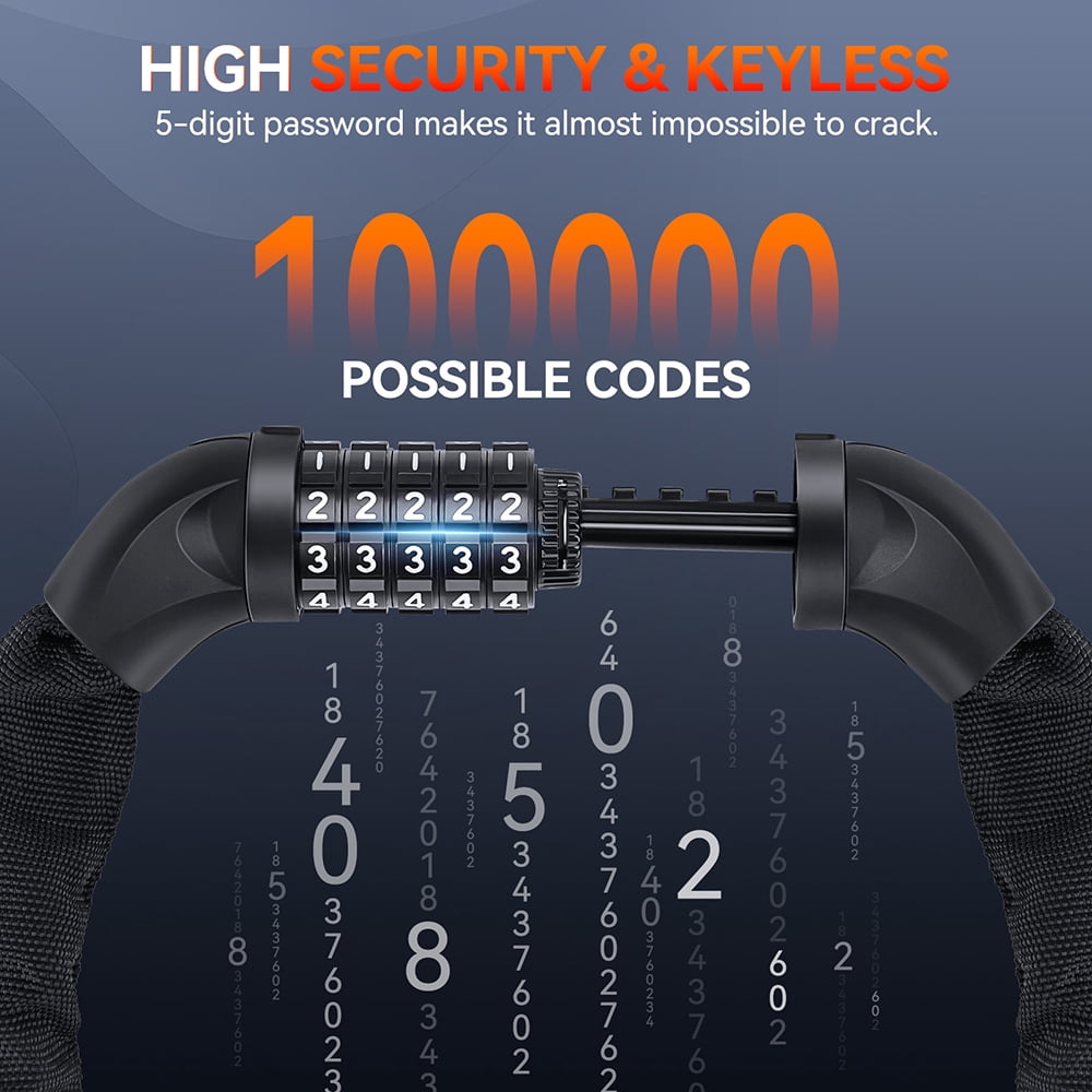 Bicycle Lock,Anti Theft Chain Lock 5 Digit Combination High Security Anti-theft Bicycle Chain Lock - 3.3 Ft Heavy Duty Keyless Bicycle Lock for Motorcycles, Scooters, Doors and Gates - 6mm T