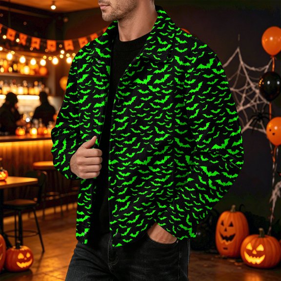 GrmtClth Autumn Mens Halloween Mummy Print Overshirt Jacket Long Sleeve Snap Front Loose Silhouette Halloween Weekend Outerwear Green 2XL
