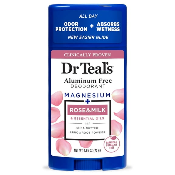 Dr Teal's Aluminum Free Deodorant, Rose & Milk with Essential Oils, 2.65 oz