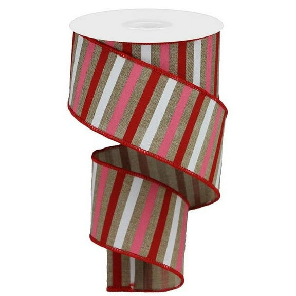 Horizontal Stripe Wired Edge Ribbon - 10 Yards (Light Beige, Red, Pink, White, 2.5")